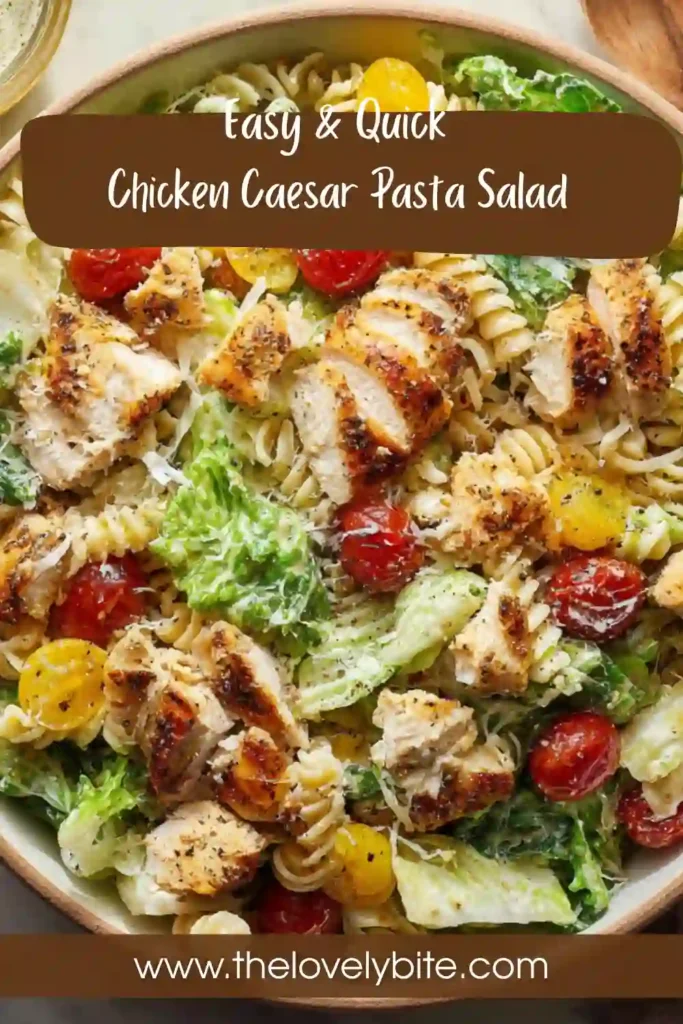 Fresh chicken caesar pasta salad topped with parmesan cheese and cherry tomatoes in a serving bowl.