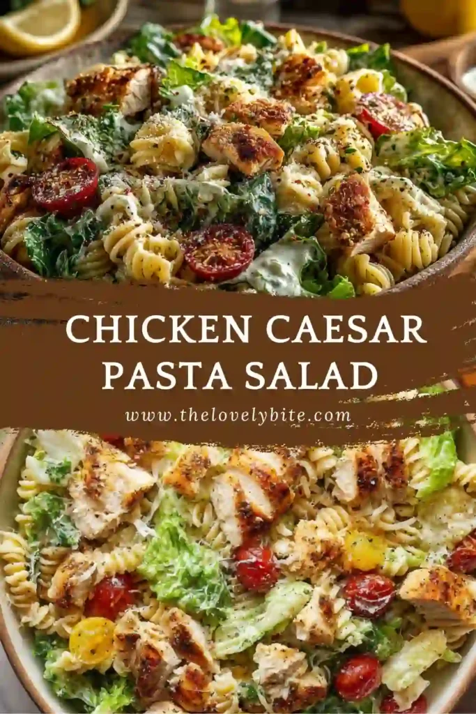 Close-up of creamy chicken caesar pasta salad with avocado and crisp romaine lettuce.