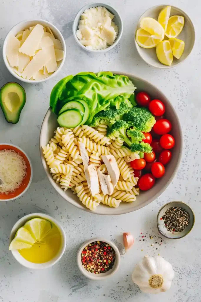 A bowl of chicken caesar pasta salad with pasta, grilled chicken, lettuce, and creamy dressing mixed together.