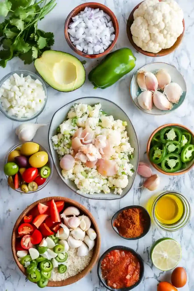 A delicious Chicken Cauliflower Rice Burrito Bowl topped with avocado, jalapeños, and queso fresco. The bowl features seasoned chicken and fluffy cauliflower rice.