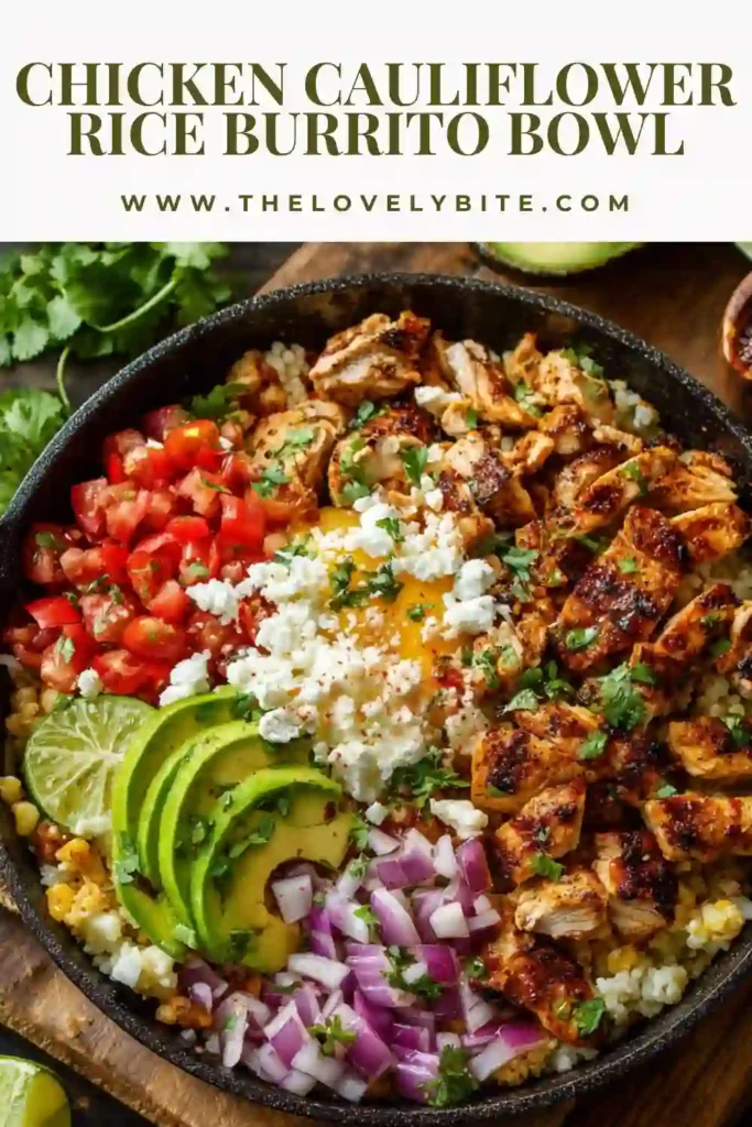 Close-up of a Chicken Cauliflower Rice Burrito Bowl with fresh toppings and vibrant colors. A healthy low-carb Mexican-inspired dish.