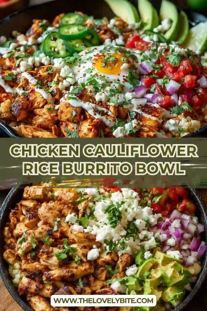A healthy Chicken Cauliflower Rice Burrito Bowl served with pico de gallo and creamy sauce. Perfect for a quick nutritious meal.
