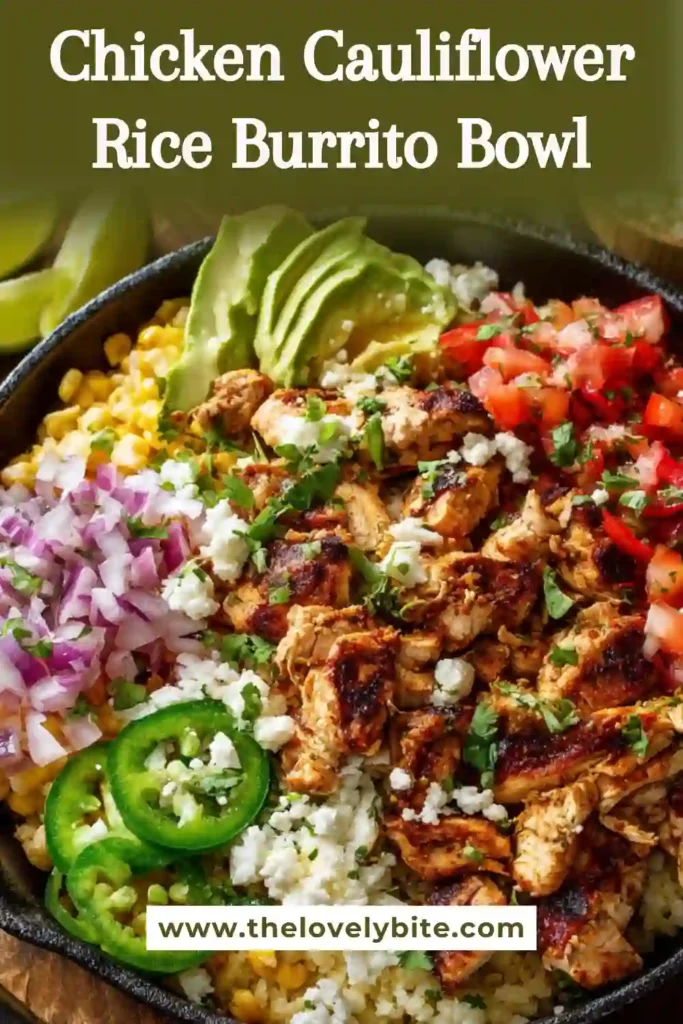 Overhead view of Chicken Cauliflower Rice Burrito Bowl with sliced avocado and shredded lettuce. A colorful and balanced meal option.