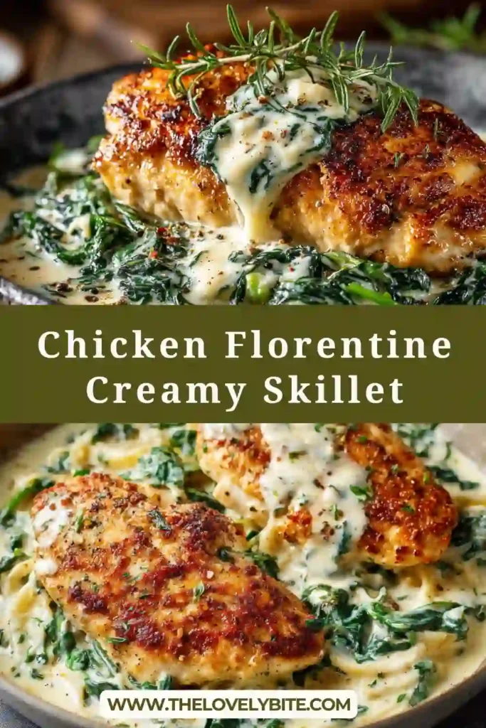 Homemade Chicken Florentine served in a pan with wilted spinach and creamy sauce surrounding juicy chicken pieces.