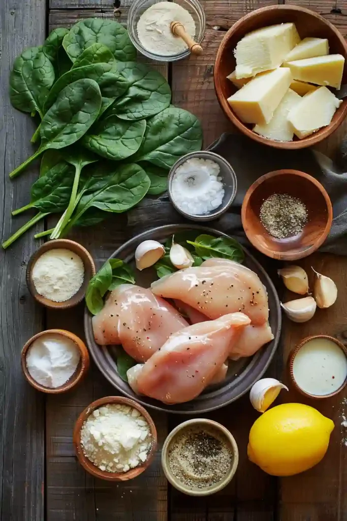 Chicken Florentine plated with creamy sauce and fresh herbs, highlighting its rich texture and vibrant spinach.