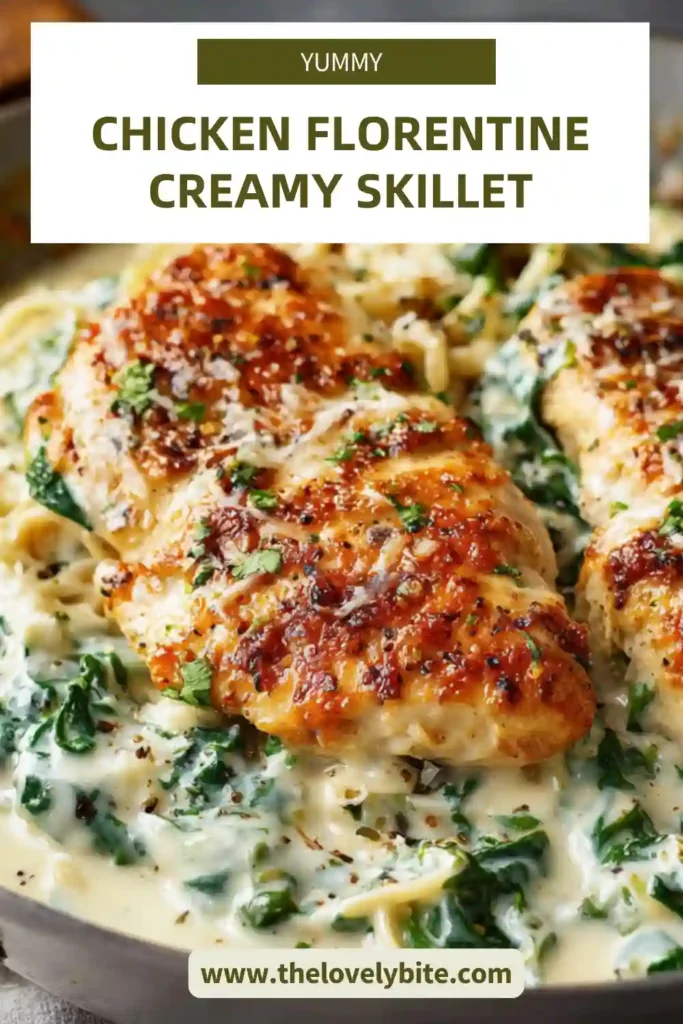 Close-up of creamy Chicken Florentine showing tender chicken coated in a garlic spinach sauce with Parmesan. Perfect for a hearty dinner.