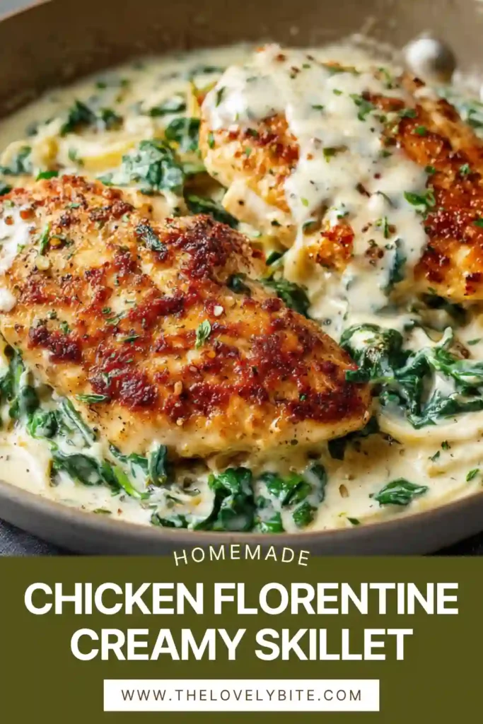 A skillet of Chicken Florentine with creamy spinach sauce and golden seared chicken breasts garnished with parsley. The dish looks rich and comforting.
