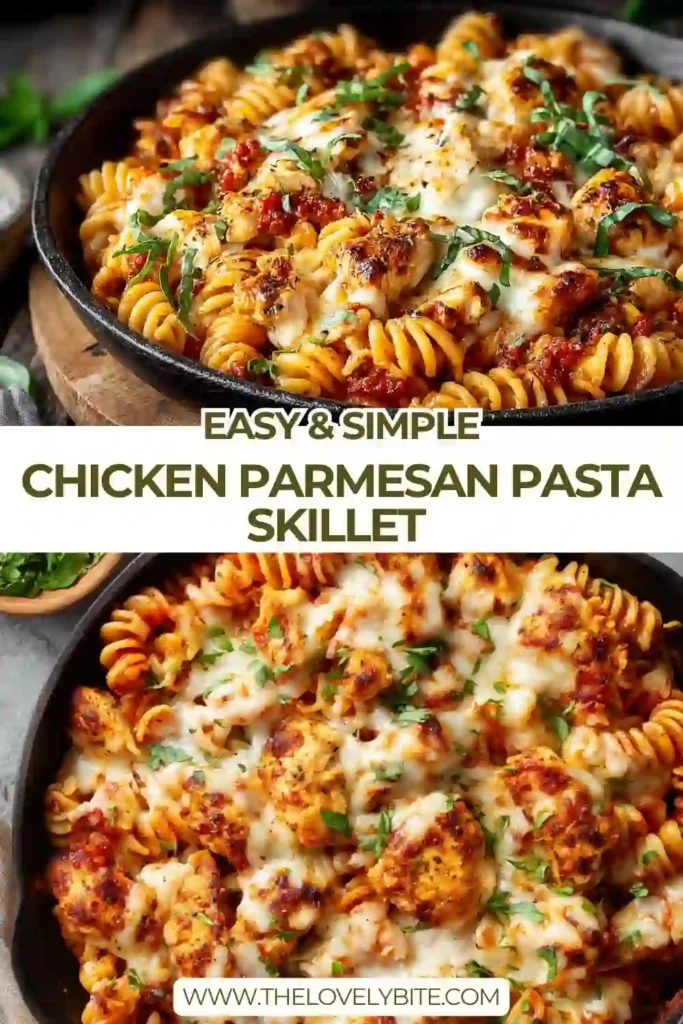 Chicken Parmesan Pasta Skillet served in a pan with melted mozzarella and fresh basil on top, showcasing a cheesy and hearty pasta dish.