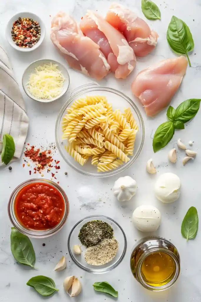 Freshly cooked Chicken Parmesan Pasta Skillet in a skillet pan with gooey cheese and vibrant basil garnish.