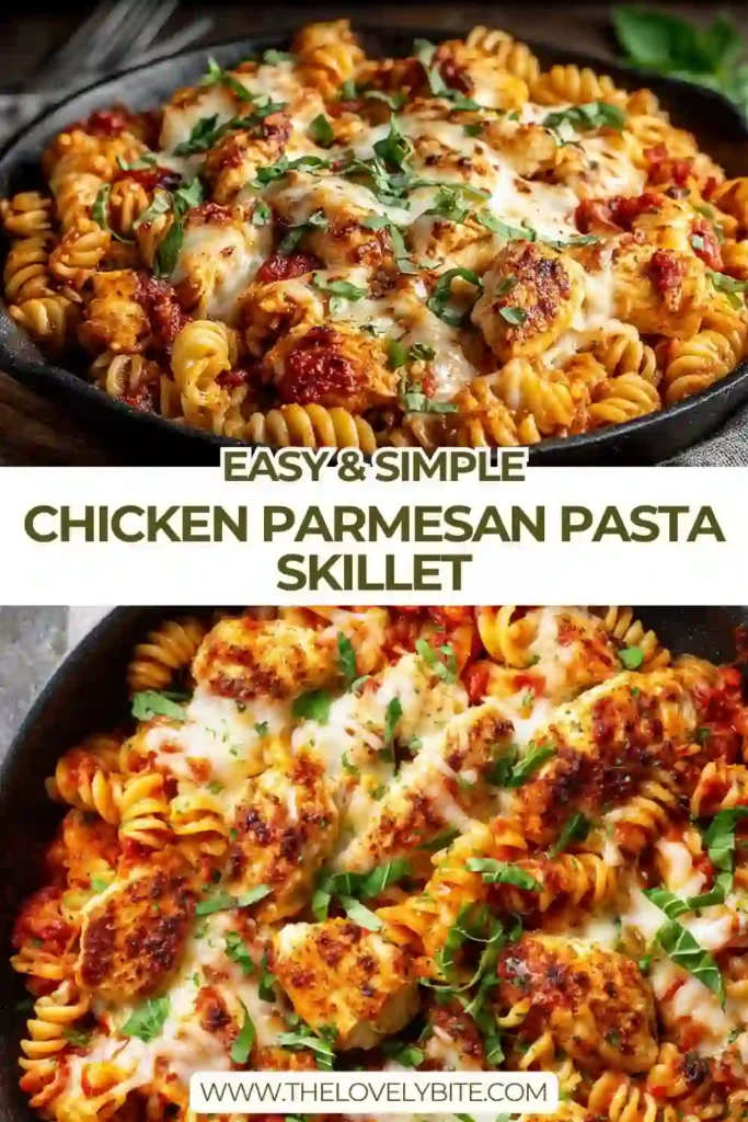 Close-up of cheesy chicken parmesan pasta skillet with rich tomato sauce and tender chicken pieces.
