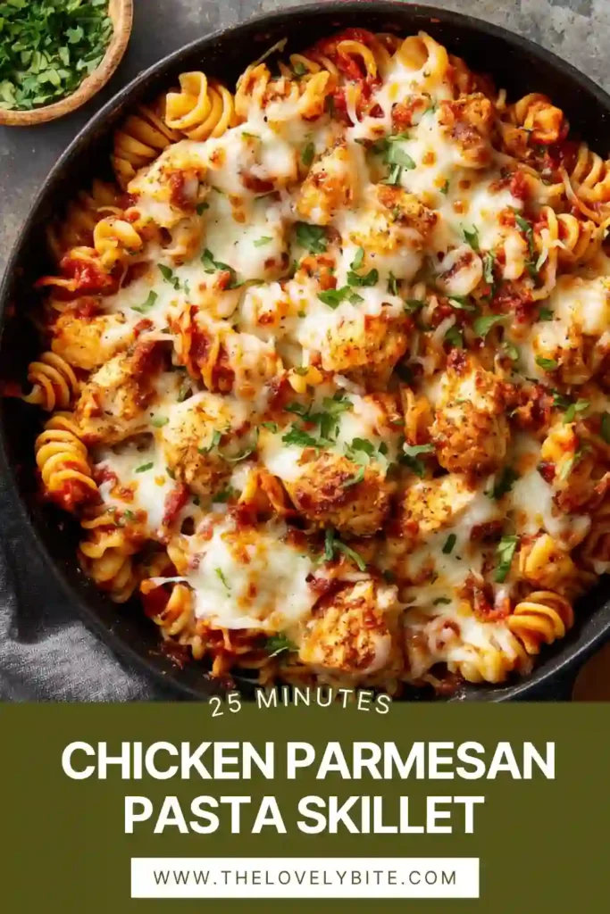 Close-up of Chicken Parmesan Pasta Skillet with tender chicken pieces, pasta, and rich tomato sauce topped with melted cheese.