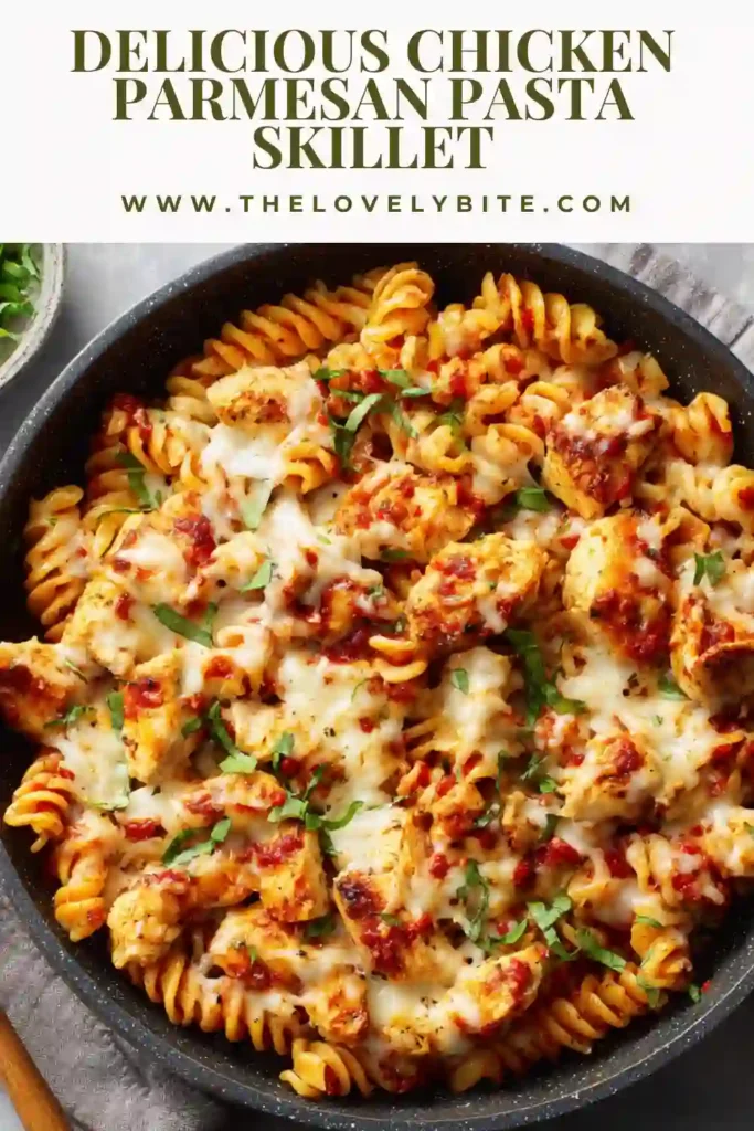 One pan chicken parmesan pasta skillet with golden melted cheese and herbs.