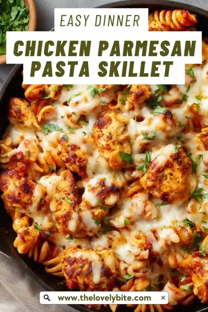 Overhead view of Chicken Parmesan Pasta Skillet garnished with parmesan and herbs, highlighting a quick and easy dinner recipe.