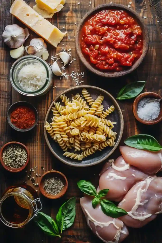 Chicken Parmesan Pasta Skillet with melted mozzarella and fresh basil served in a large skillet.