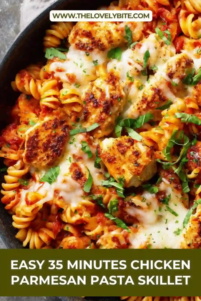 Hearty chicken parmesan pasta skillet meal with fusilli pasta and savory sauce.