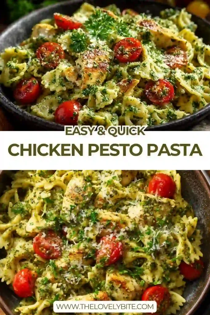 A bowl of Chicken Pesto Pasta with grilled chicken, cherry tomatoes, and basil pesto sauce mixed with pasta. The dish looks fresh, vibrant, and perfect for a quick dinner.