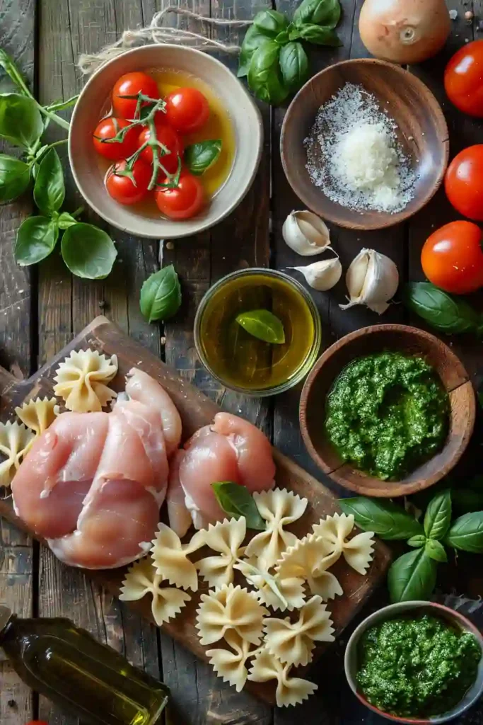 Freshly prepared Chicken Pesto Pasta with basil pesto sauce, pasta, and golden-brown chicken pieces ready to serve.