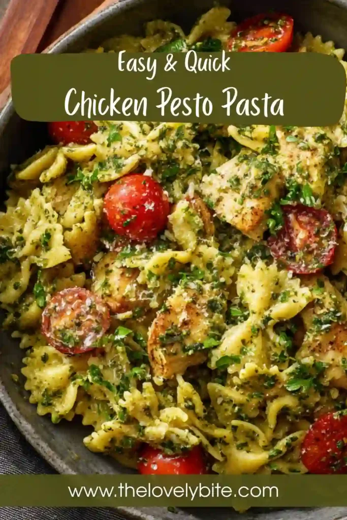 Chicken Pesto Pasta served in a white bowl with fresh parsley garnish and juicy cherry tomatoes. A simple and delicious pasta recipe.