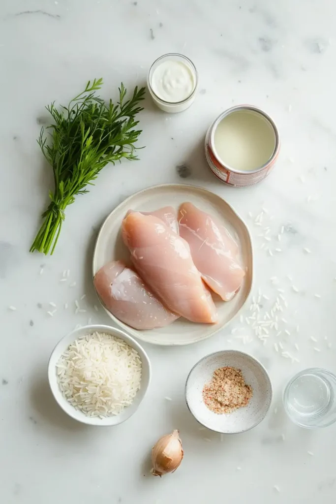A baked 4 Ingredient Chicken Rice Casserole with tender chicken breasts and creamy rice in a casserole dish. The dish looks warm, comforting, and perfectly cooked.