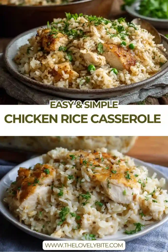 Close-up of creamy chicken and rice casserole showing fluffy rice and juicy chicken coated in a rich sauce. Ideal for an easy dinner recipe.