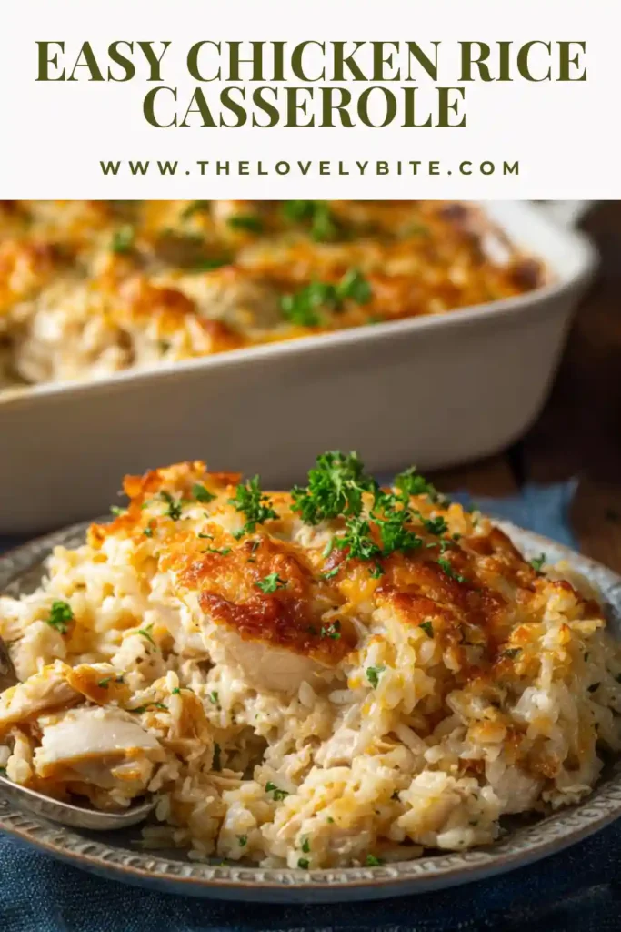 Top view of 4 Ingredient Chicken Rice Casserole with evenly cooked rice and seasoned chicken in a creamy mushroom sauce.