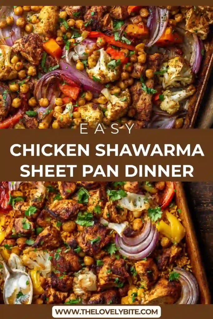A tray of Chicken Shawarma Sheet Pan Dinner with roasted chicken, chickpeas, and colorful vegetables. The dish looks golden and perfectly seasoned.