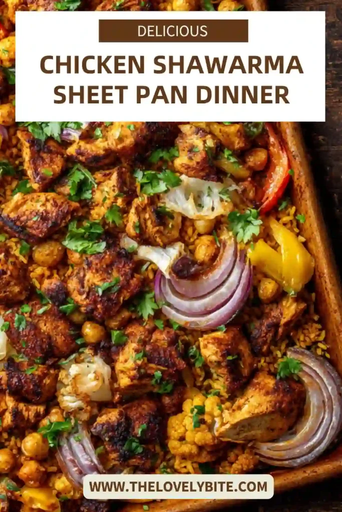Oven-roasted Chicken Shawarma Sheet Pan Dinner featuring tender chicken pieces and vibrant roasted vegetables. A healthy and balanced meal.