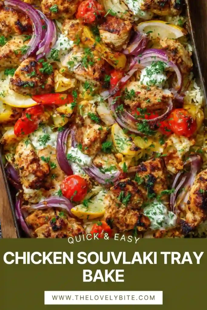 Oven-baked Chicken Souvlaki Tray Bake with crispy potatoes and colorful vegetables. A complete one-pan Mediterranean meal.