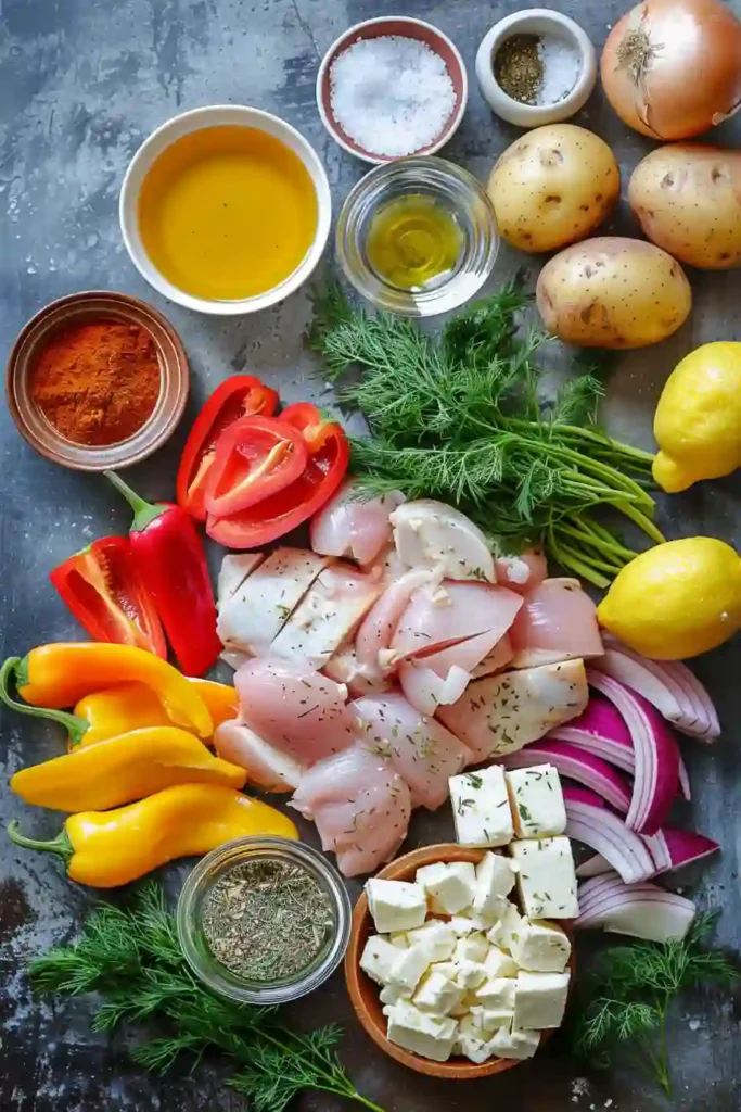 Chicken Souvlaki Tray Bake served with roasted potatoes, feta, and fresh herbs on a baking tray. Golden chicken pieces with Mediterranean seasoning.