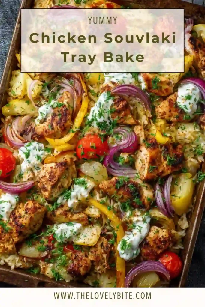 Close-up of Chicken Souvlaki Tray Bake topped with feta cheese and dill. Juicy roasted chicken and tender vegetables.