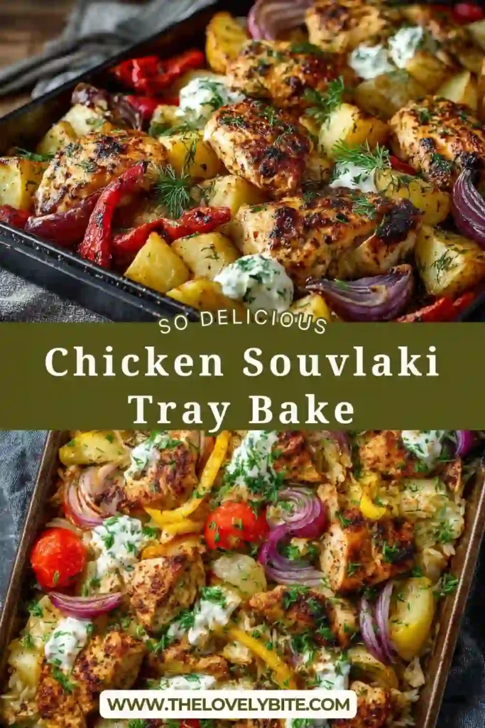Freshly baked Chicken Souvlaki Tray Bake served with pita bread and tzatziki on the side.