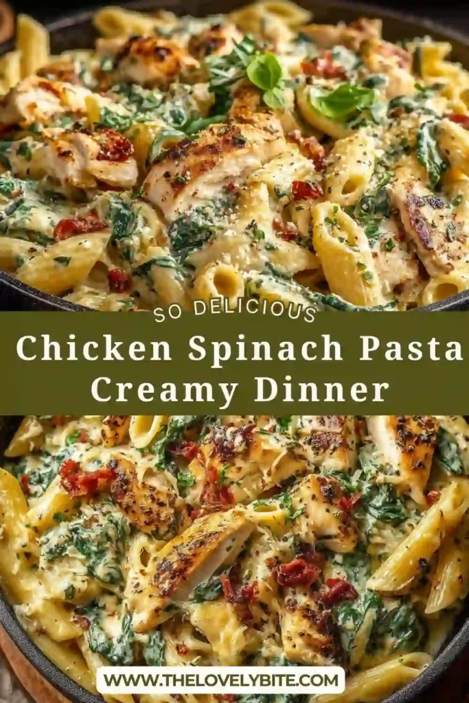 A bowl of creamy Chicken Spinach Pasta with tender sliced chicken and wilted spinach in a rich Parmesan sauce. The pasta looks glossy and freshly served.