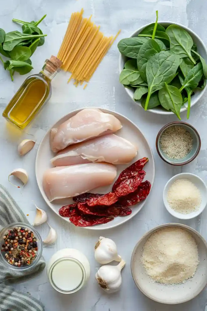 Freshly cooked Chicken Spinach Pasta in a skillet with sliced chicken and spinach in a creamy garlic Parmesan sauce.