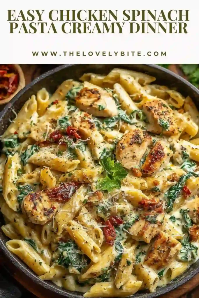 Close-up of Chicken Spinach Pasta showing creamy texture, garlic sauce, and vibrant green spinach leaves mixed with pasta.