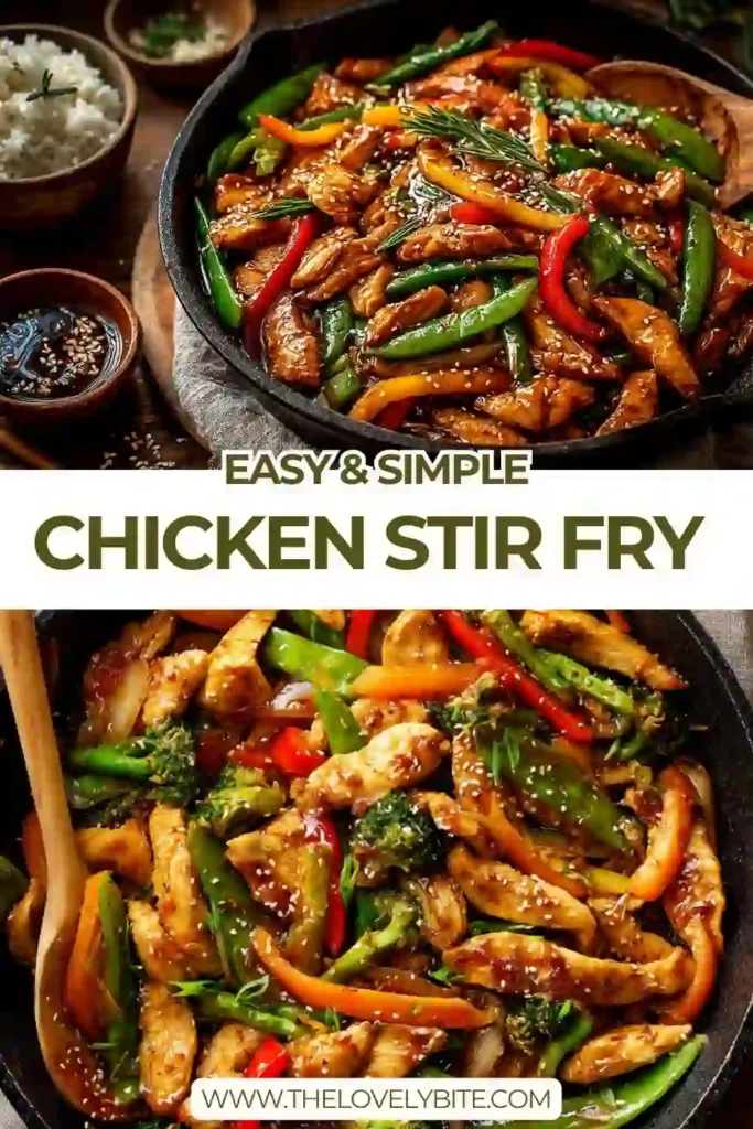 Close-up of chicken stir fry recipe showing tender chicken pieces coated in glossy sauce with vegetables. Steam rising adds warmth.