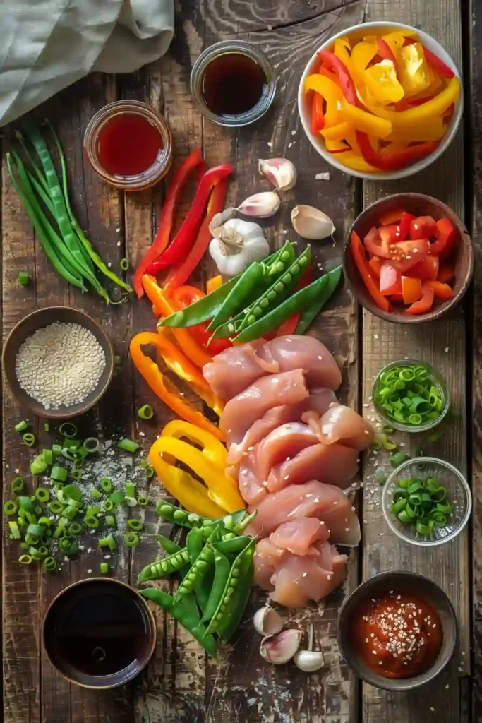 A colorful chicken stir fry recipe served in a bowl with bell peppers, snap peas, and sesame seeds over rice. The dish looks fresh and vibrant.