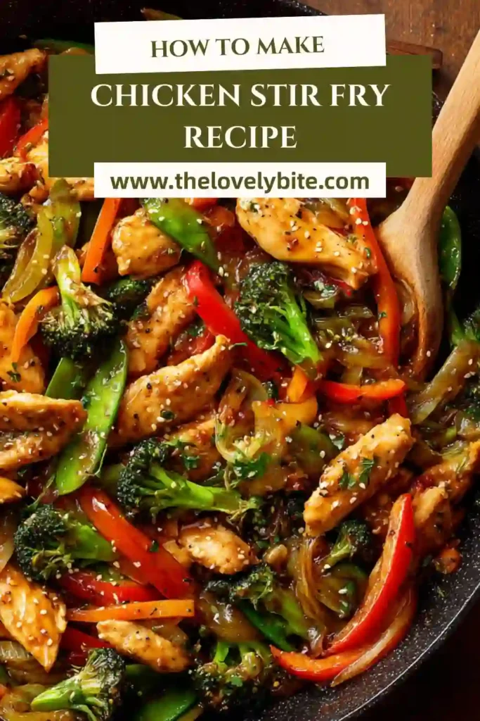 Chicken stir fry recipe plated with rice and garnished with green onions and sesame seeds, showcasing texture and color.