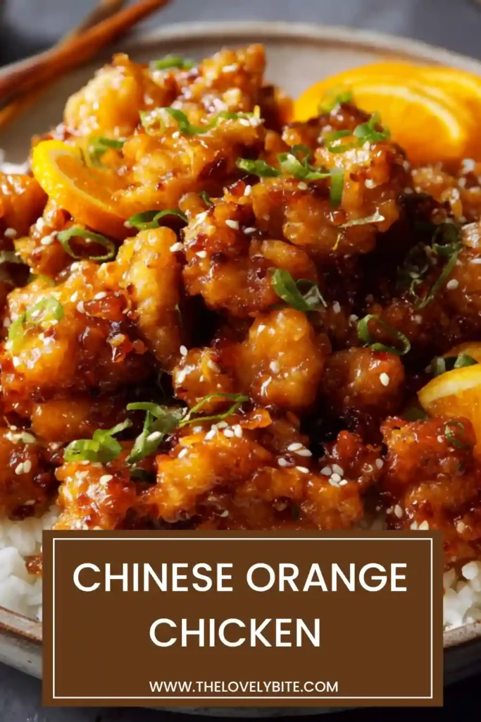 Close-up of Chinese Orange Chicken showing crispy coating and thick orange sauce. Perfectly cooked and ready to serve.