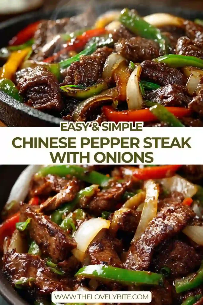 A close-up of Chinese Pepper Steak with Onions featuring tender beef strips in a glossy savory sauce with caramelized onions.