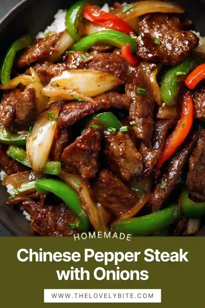 Chinese Pepper Steak with Onions served over rice with juicy beef slices and rich stir fry sauce.