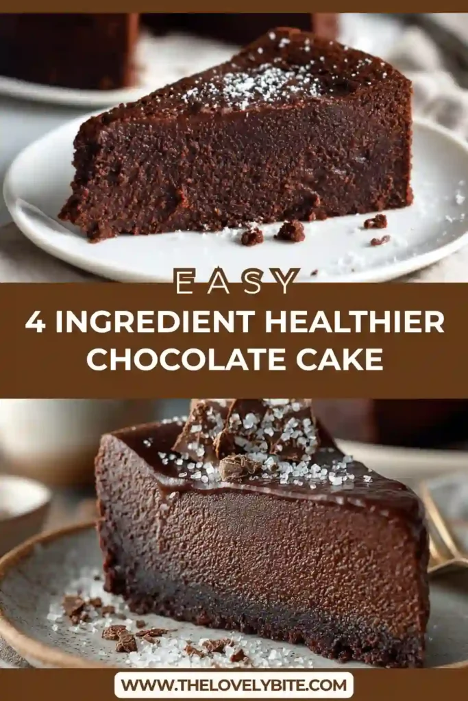 A slice of 4 Ingredient Healthier Chocolate Cake with a rich fudgy texture and deep chocolate color on a plate. The cake looks moist and dense, perfect for a healthy dessert.