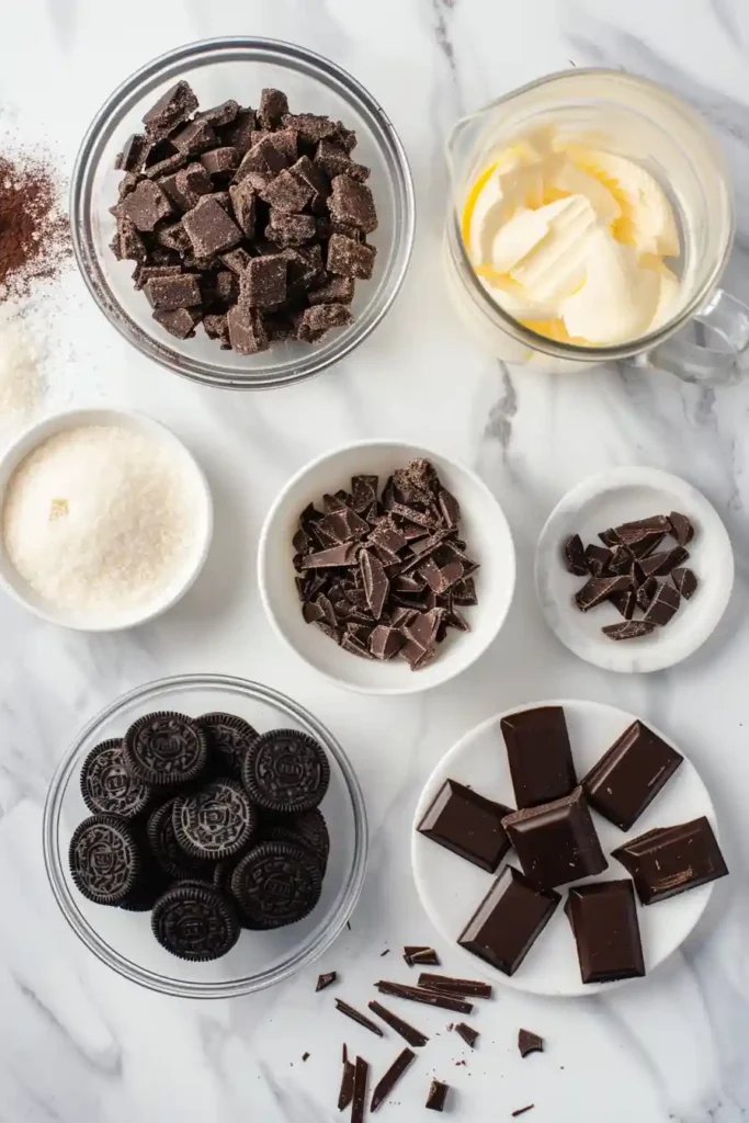 Close-up of a creamy Chocolate Mousse Cake slice with Oreo crust and chocolate shavings. The texture appears light yet rich, making it a stunning make-ahead chocolate dessert for celebrations.