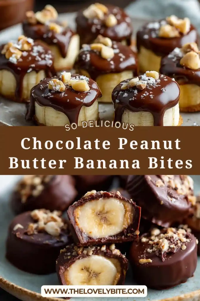 Close-up of Chocolate Peanut Butter Banana Bites arranged on parchment paper with a glossy chocolate coating. The banana and peanut butter filling creates an easy frozen dessert that looks both wholesome and indulgent.