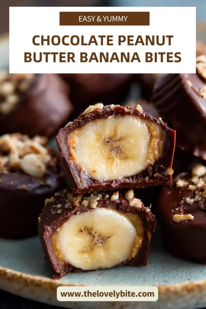 Frozen Chocolate Peanut Butter Banana Bites made with ripe banana slices, natural peanut butter, and melted dark chocolate. This simple no bake snack has a smooth chocolate shell and a creamy fruit center.