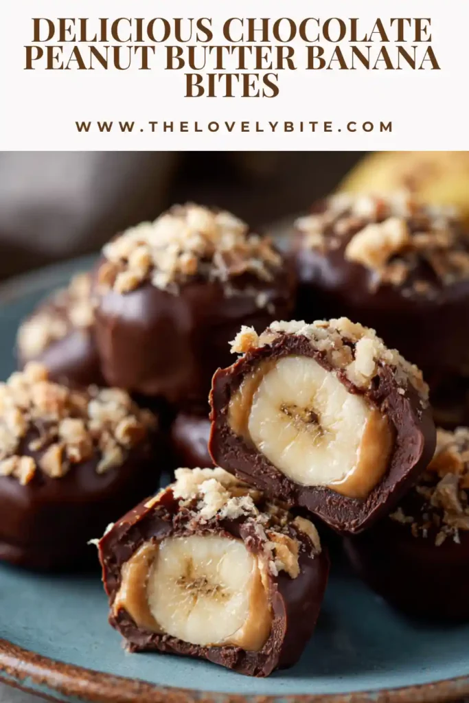 A serving of Chocolate Peanut Butter Banana Bites in a bowl, showing layers of banana, peanut butter, and dark chocolate. These bite-sized treats are ideal for a refreshing freezer dessert or healthy sweet snack.