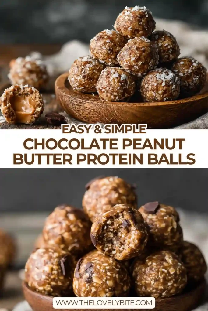 Chocolate Peanut Butter Protein Balls arranged on a plate with visible oats and chocolate chips. These no bake protein balls look rich, soft, and perfect for snacking.