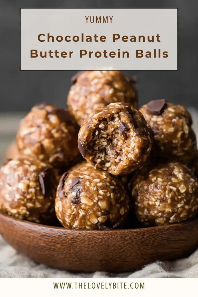 Close-up of Chocolate Peanut Butter Protein Balls showing texture of oats and chocolate chips. A healthy no bake snack option.