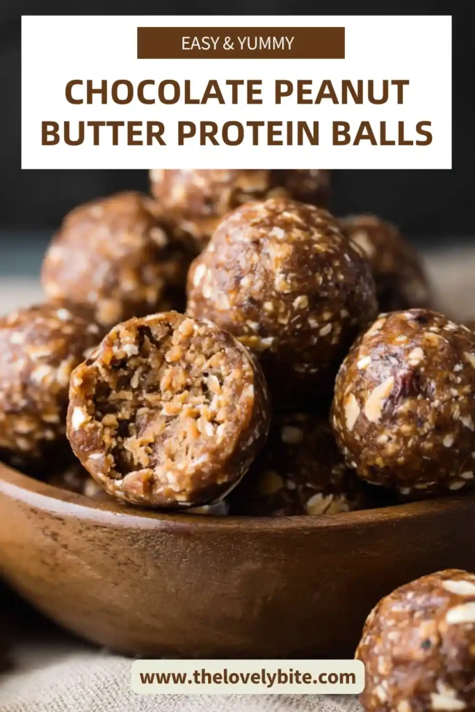 Homemade Chocolate Peanut Butter Protein Balls stacked on a tray. These protein bites are soft, chewy, and full of chocolate flavor.