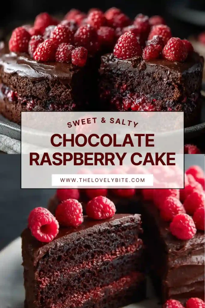 Close-up of Chocolate Raspberry Cake slice revealing soft chocolate layers and thick raspberry filling. Frosted with smooth chocolate icing.