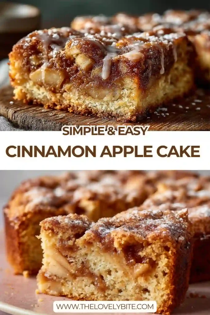 A freshly baked Cinnamon Apple Cake with golden crust, visible apple chunks, and a glossy glaze on top. The texture looks soft and moist with cinnamon swirls throughout.